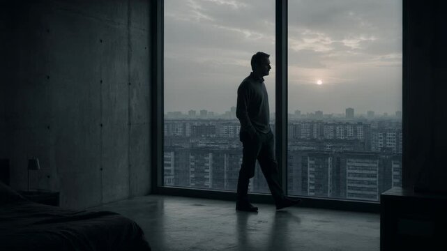 Man standing by large window looking at industrial city. Dystopian atmosphere of total control and surveillance. Lonely character in brutalist apartment interior.