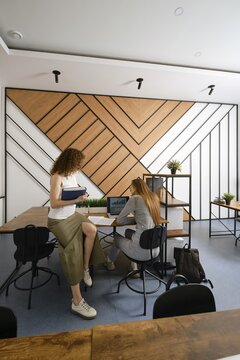 Two women discussing their a startup in the field of women's health in a contemporary office