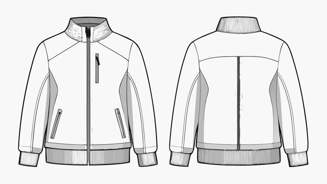 Detailed technical drawing of a white zipup jacket with ribbed cuffs and collar