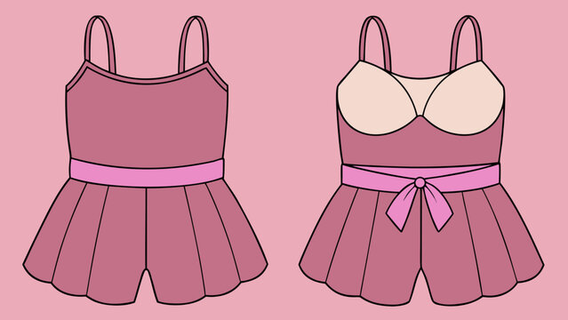 Pink sleeveless romper with pleated shorts and bow detail  fashion illustration