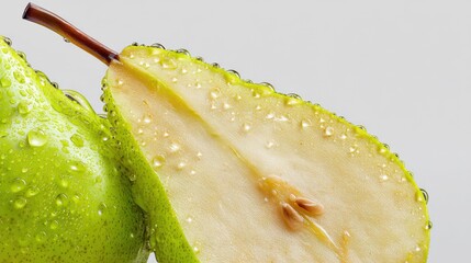 Fresh Green Pear Halved and Covered in Water Droplets on a White Background