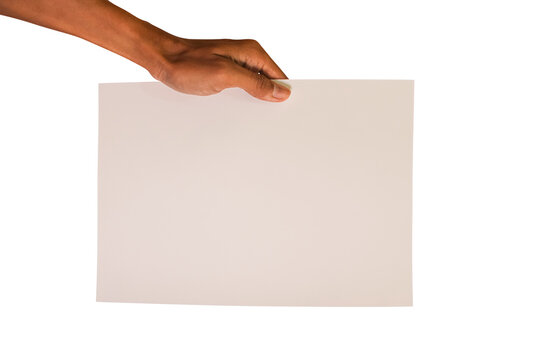 Male hand holding blank white paper sheet isolated on transparent background