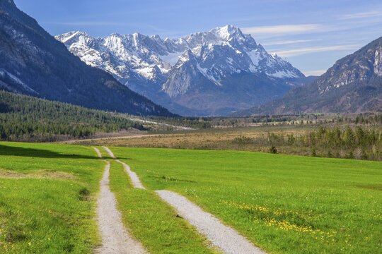 Meadow path in spring with moorland Seven Springs in front of Zugspitzgruppe 2962m in the Wetterstein Mountains, Eschenlohe, Loisachtal, Das Blaue Land, Upper Bavaria, Bavaria, Germany