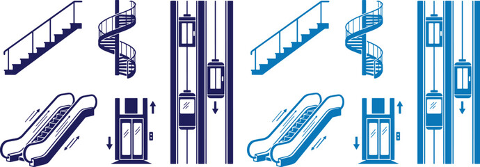 Modern Building Access Vector Set, Blue and White Escalator, Elevator, and Staircase Icons. Architectural Movement Elements for Public Spaces, Shopping Malls, and Office Buildings. © Haseeb's Work