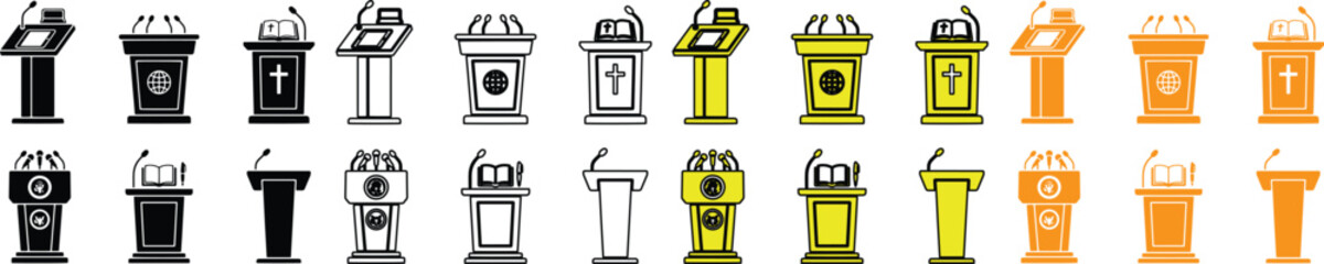 Modern Podium and Rostrum Vector Icon Set, diverse speaker stands with microphones, ideal for public speaking, conferences, and presentations, in black, gray, yellow, and orange tones. © Shanza