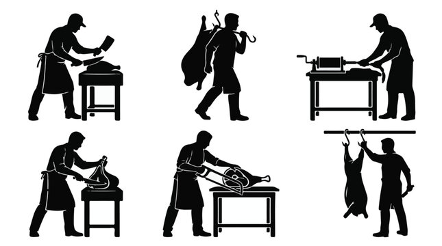 Butcher preparing meat at workstation in minimalist silhouette style illustration
