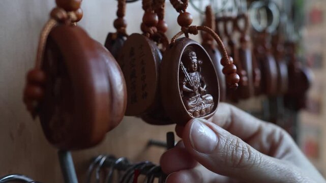 Traditional oriental protective amulets close up. Hand choosing a brown wooden pendant carved with Buddha deity image at a souvenir gift shop during festive Lunar New Year market, selective focus.