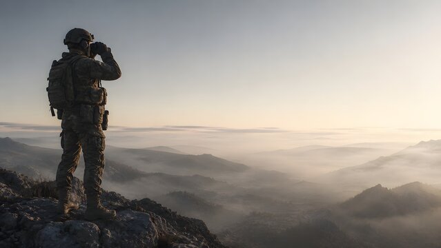 Soldier Observing Through Binoculars on Foggy Ridge &ndash; Vigilance and Reconnaissance Concept