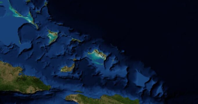 Parrot Cay on Globe. Zoom into the island with Earth spinning in space. High detail physical world map with Parrot Cay on it. Elements of this image furnished by NASA.
