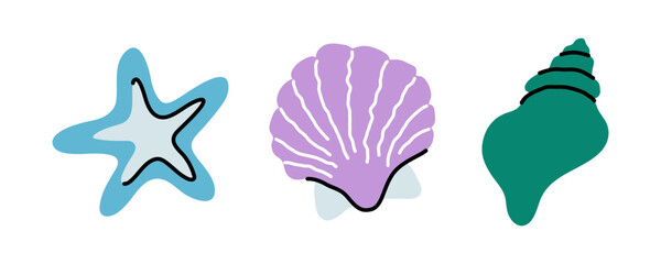 Light blue starfish, purple scallop, and green snail shell vector icons isolated on white background. Minimal flat marine elements trio for summer concepts © Panna_Limon