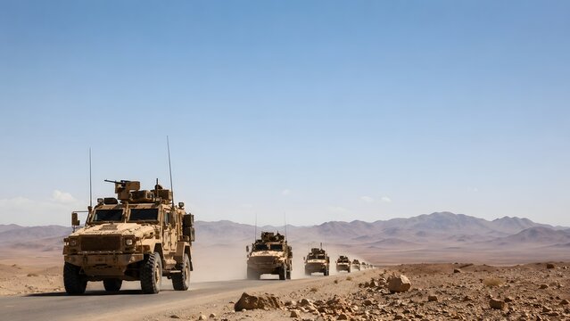 Military Convoy of Armored Vehicles Crossing Desert Road Under Harsh Sunlight