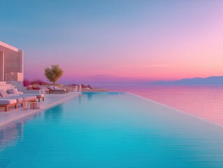 Fototapeta premium Luxurious infinity pool overlooking serene ocean at sunrise with pastel sky and modern resort architecture