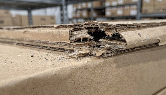 Close-up of damaged cardboard box with torn edges and dust. Background shows shelves filled with stacked boxes in a warehouse setting.