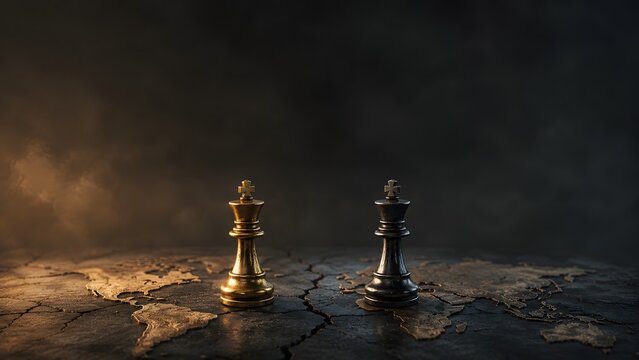 Two Chess Kings Facing Off on Cracked World Map Symbolizing Global Power Struggle