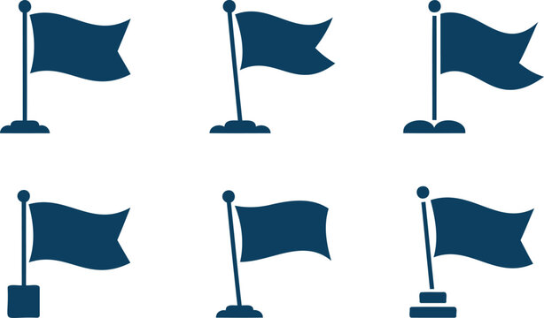 Collection of six different dark blue flat design flag icons representing various styles and mounts