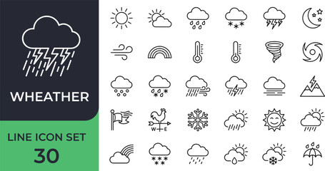 Obraz premium A collection of thirty black line style weather icons on a white background, depicting various atmospheric conditions.