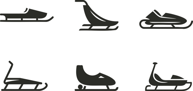 Collection of six diverse silhouette icons representing various types of sleds and snowmobiles isolated on transparent background