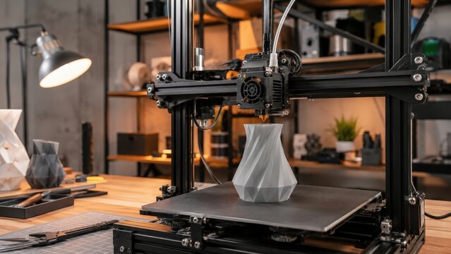 Imprimante 3D cr&eacute;ant un vase g&eacute;om&eacute;trique dans un atelier