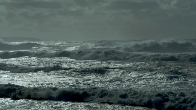 Dark stormy ocean waves crashing, Rough sea water waves in a stormy weather animation loop
