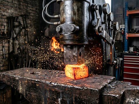 Heavy industry machine pressing hot glowing metal block on anvil in workshop