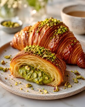 Croissants &agrave; la pistache avec cr&egrave;me verte en lumi&egrave;re douce