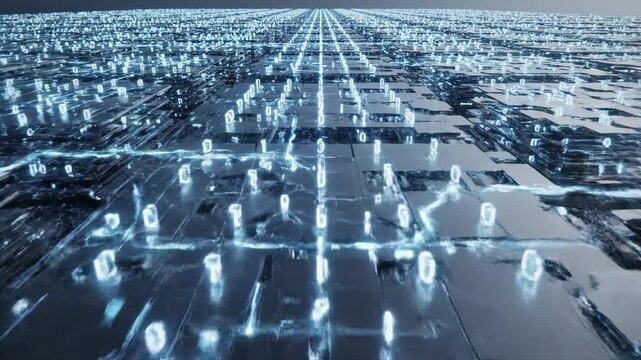 Abstract digital grid of glowing binary code, data flow and artificial intelligence, network streams, technology concept