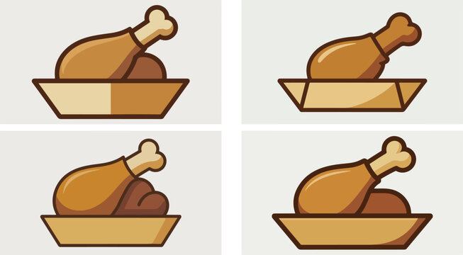 cartoon style roasted chicken thighs on baking dishes in different positions