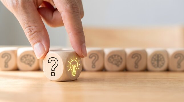 Hand selects wooden cube with glowing lightbulb symbol from row of question marks and brains
