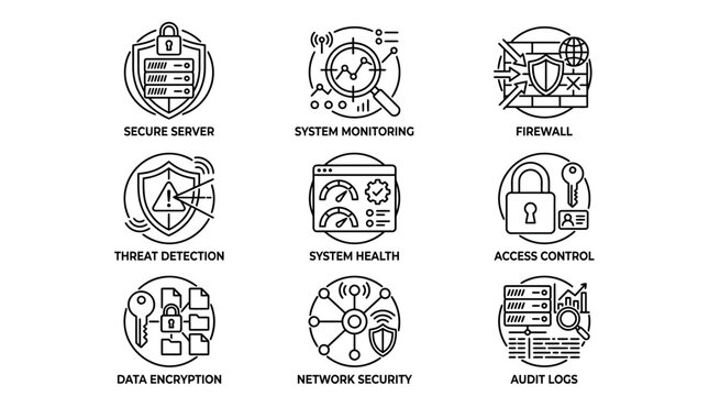 Cybersecurity Icons Representing Data Protection and Network Safety.