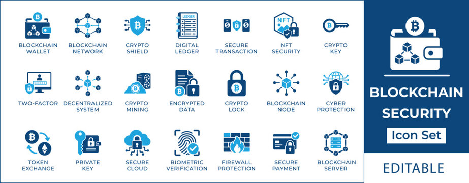 Blockchain security icon set featuring cryptocurrency wallet protection, decentralized network node, digital ledger transaction, nft security, and biometric verification symbols.