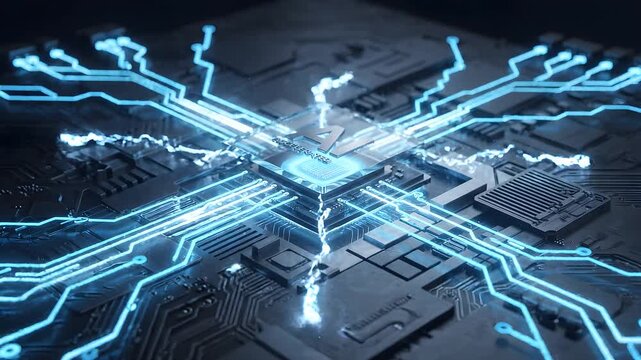 Futuristic circuit board with glowing blue data streams, symbolizing advanced computing, artificial intelligence, and the intricate backbone of modern digital technology
