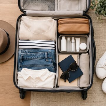 Valise organis&eacute;e avec v&ecirc;tements pli&eacute;s et accessoires de voyage