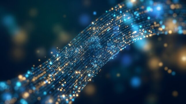 Digital stream of binary code with glowing blue and gold particles