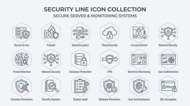 Security Line Icon Collection Secure Server Monitoring Systems.