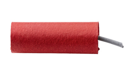 Isolated red firecracker or small explosive stick with a gray fuse, ready for ignition © Andrei