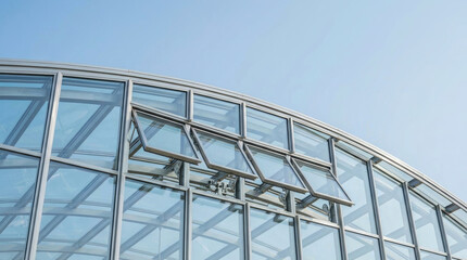 Fototapeta premium Solar panel dome glass curve under clear sky perspective. planet exploration. future science innovation, renewable sustainable power, futuristic energy architecture