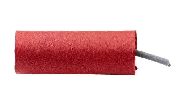 Isolated red firecracker or small explosive stick with a gray fuse, ready for ignition