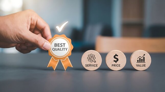 Hand holding best quality award next to service price value blocks