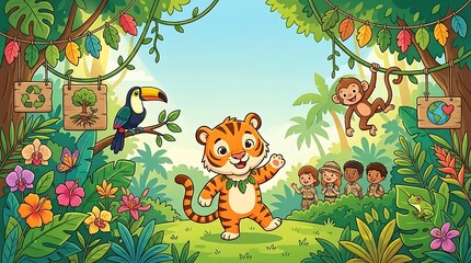 Naklejka premium Cute Tiger Cub Waving in Lush Jungle for International Tiger Day