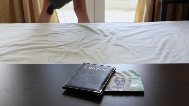 Close up of passport and Vietnamese dong cash on a table with a tourist woman lifting a black suitcase on a bed in a hotel room in the blurred background. Travel preparation and packing concept.