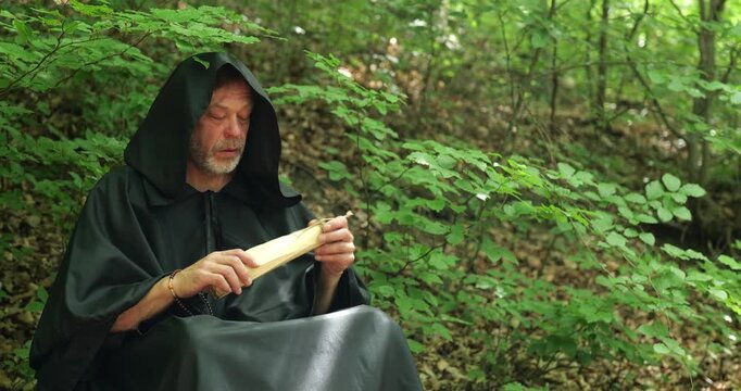 Monk in a dark cloak holds an ancient scroll and studies it in the forest.