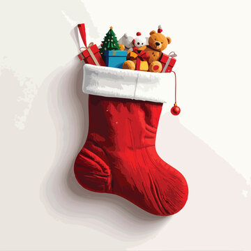 Red Christmas stocking filled with toys and presents.