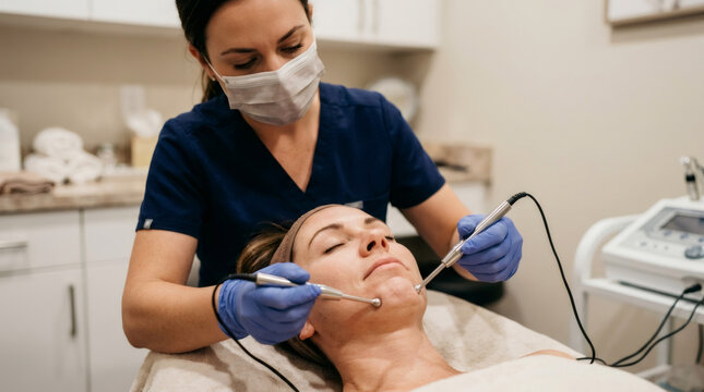 Cosmetologist performing microcurrent facial rejuvenation on woman client in professional clinic. Aesthetic procedure for skin lifting and anti-aging treatment at beauty salon facility.
