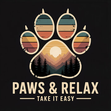 Paws and relax take it easy with mountain sunset illustration transparent background