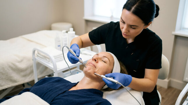 Cosmetologist performing facial microcurrent therapy on woman lying in clinic. Professional skincare treatment for face rejuvenation and anti aging. Beauty salon procedure concept.