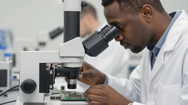 Scientist Analyzing Circuit Board Under Microscope with Focused Attention