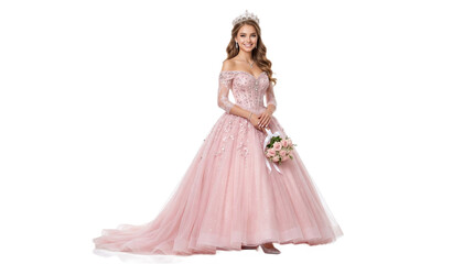 Fototapeta premium Smiling Young Woman in Elegant Pink Ball Gown and Tiara Holding a Bouquet