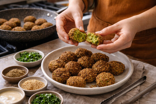 Egyptian cuisine falafel preparation with fresh herbs and spices on table