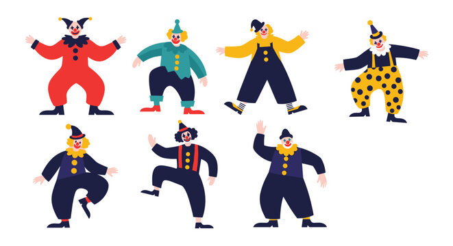 Set of seven funny cartoon clowns wearing various colorful and patterned costumes in different energetic and expressive poses.