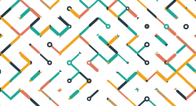 Modern abstract geometric pattern featuring interconnected colorful lines and dots resembling a circuit board or complex maze.